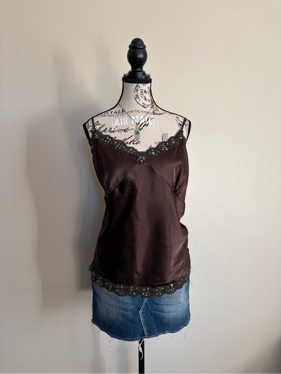 George Tops - Y2K Chocolate Brown Satin Lace Sequin Beaded Girly Camisole